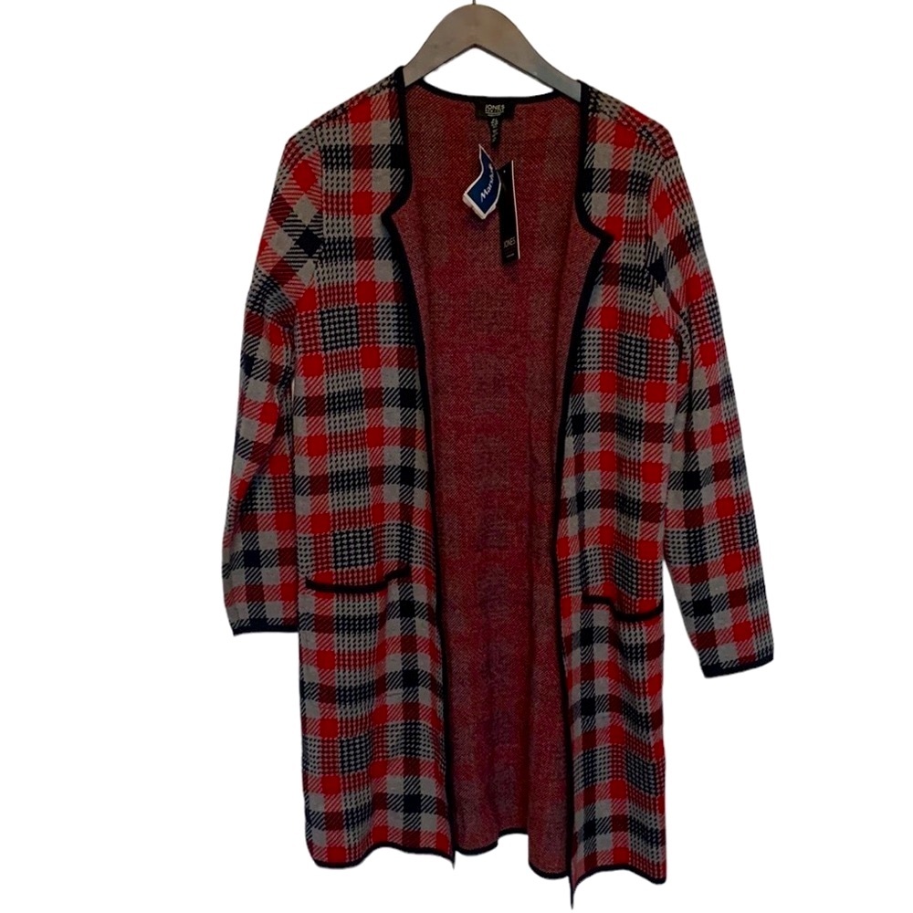 Jones New York Women Houndstooth Knit Plaid Sweater Long Duster Jacket NWT Small